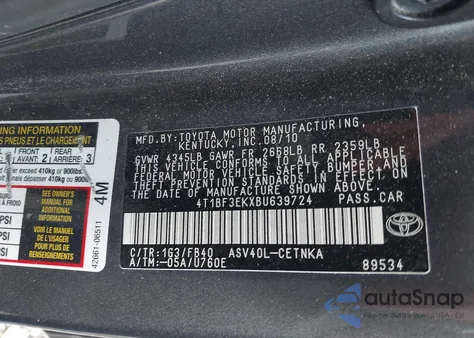 2011 Toyota Camry Le from USA, damaged, VIN 4T1BF3EKXBU639724